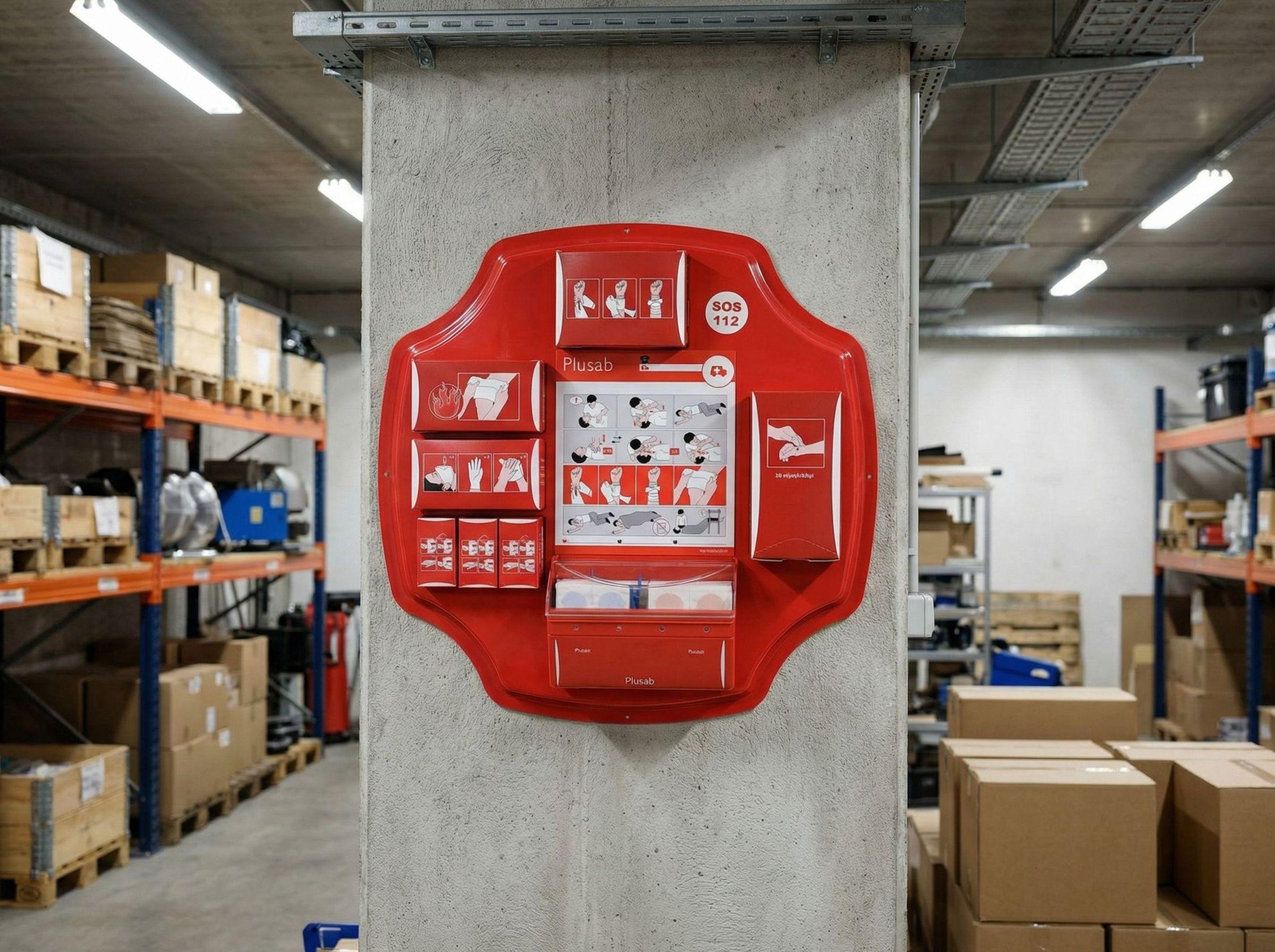 En röd första hjälpen-tavla hänger på en betongpelare, i bakgrunden syns en lagerlokal