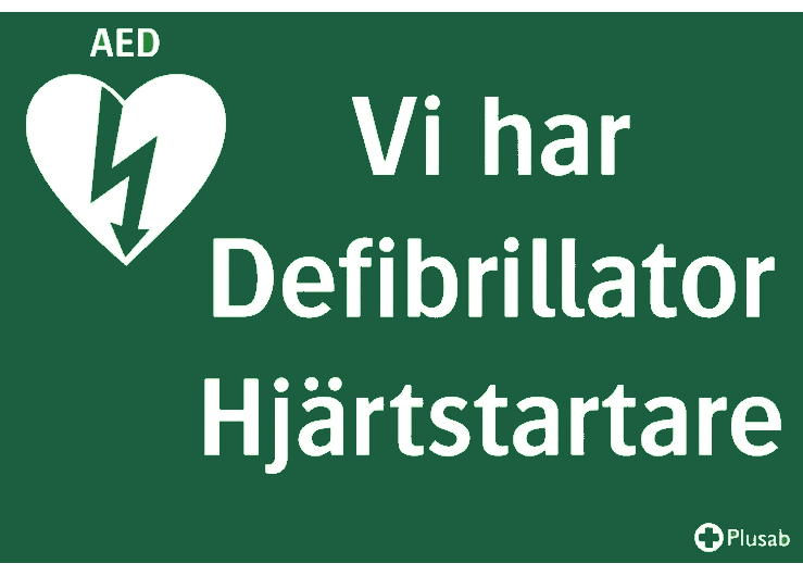 A4-skylt som markerar att hjärtstartare finns på plats.