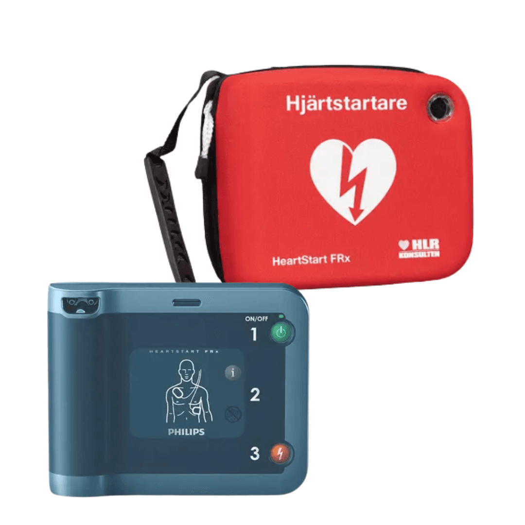 Philips frx och en röd hjärtstartarväska från HLR konsulten