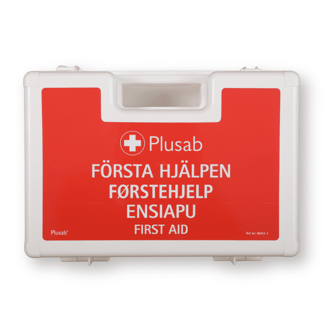 En röd första hjälpen väska framifrån