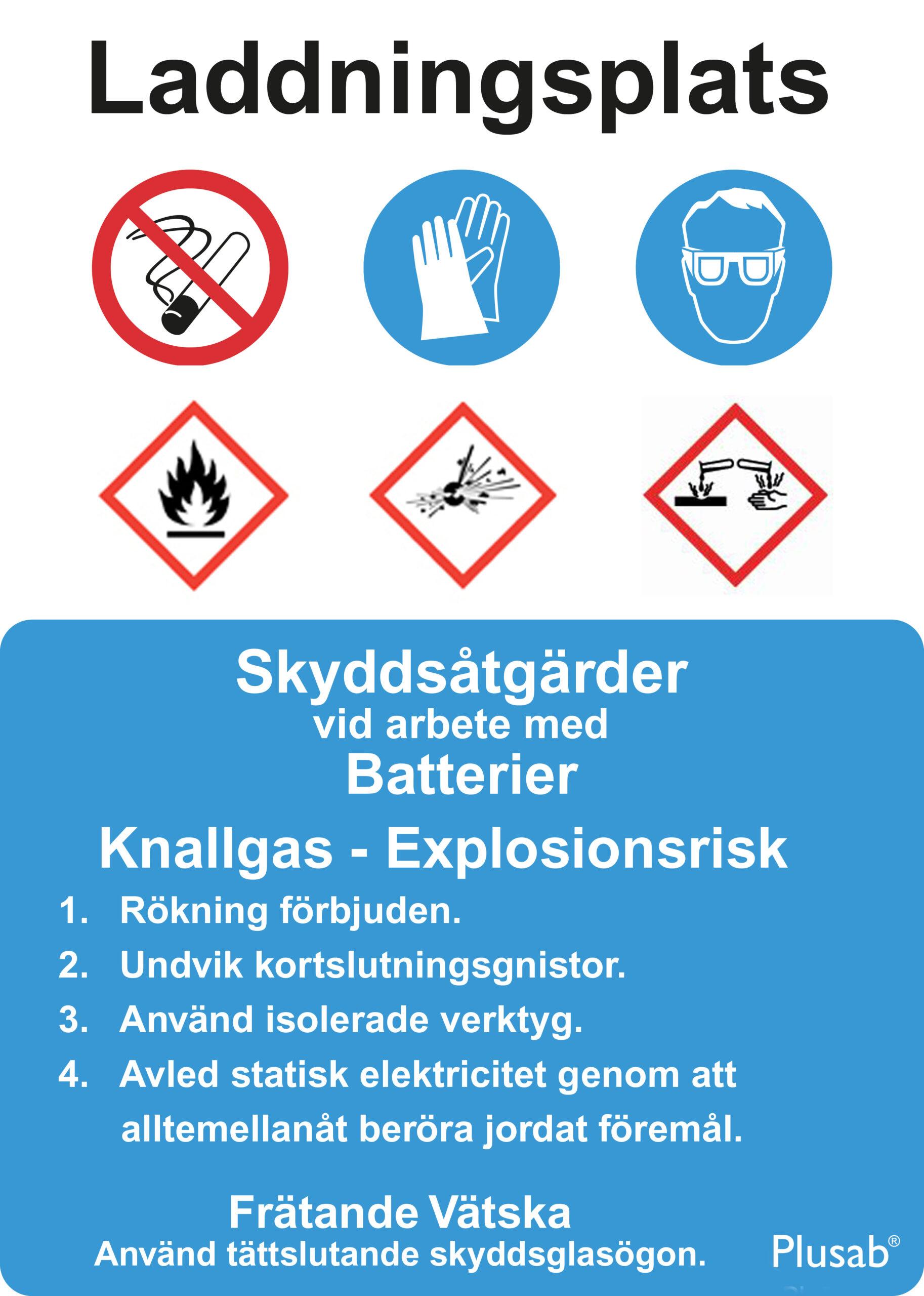 Skylt laddningsplats skyddsåtgärder med säkerhetsinformation om batteriarbete och risker