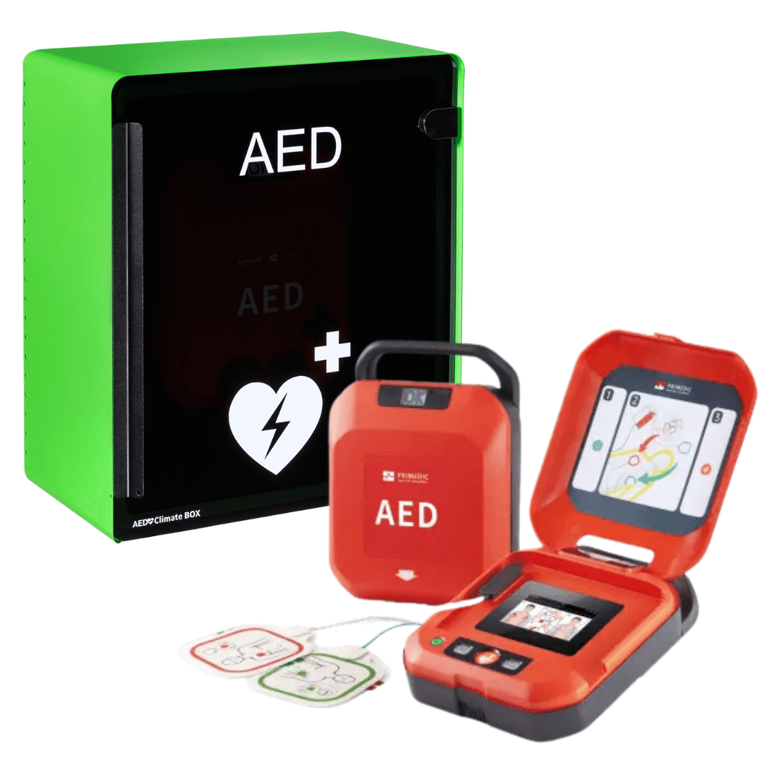 Heartsave y med skärm hjärtstartare med ett grönt utomhusskåp från Defisign nox.