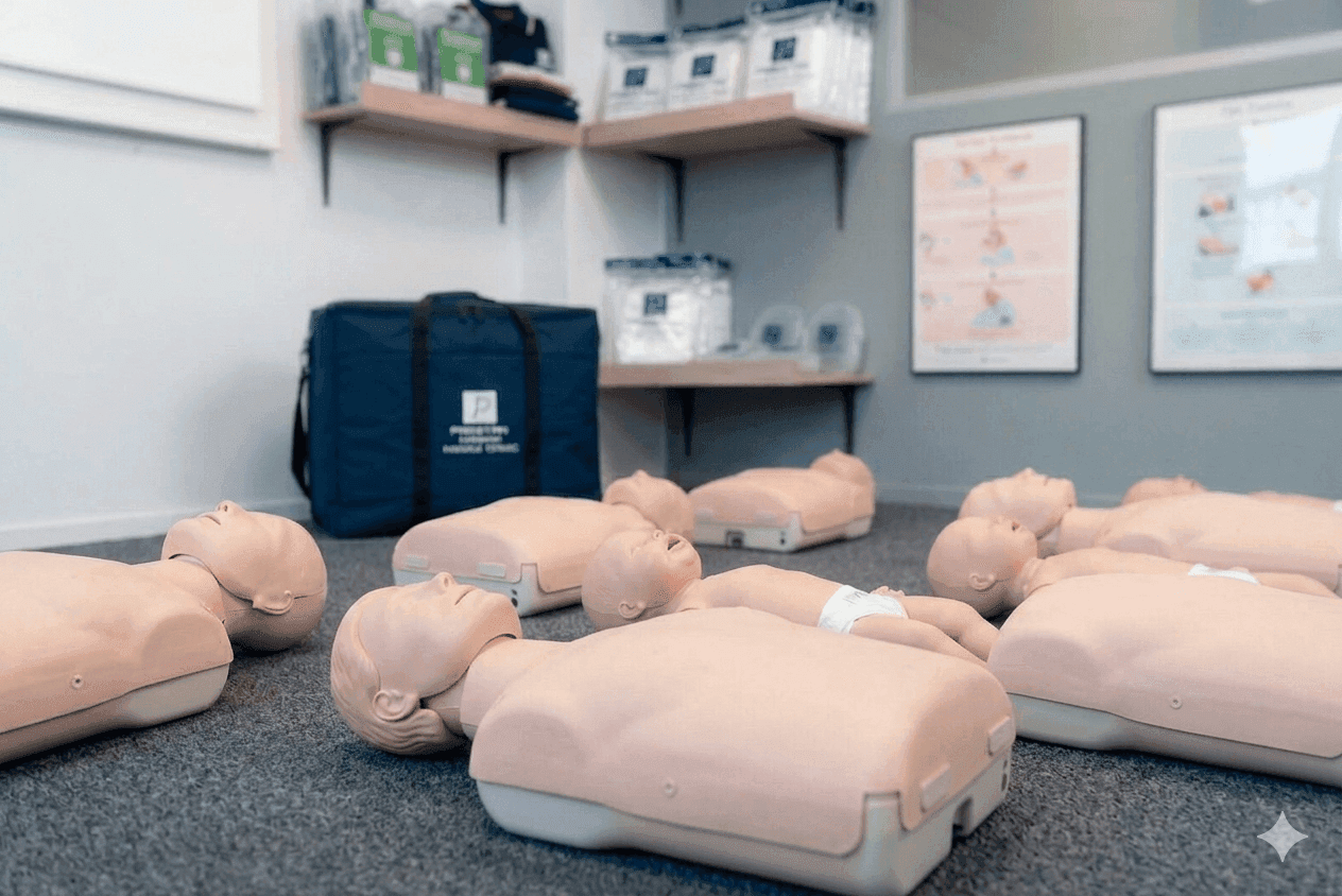 Flera HLR-dockor ligger utplacerade på ett golv.