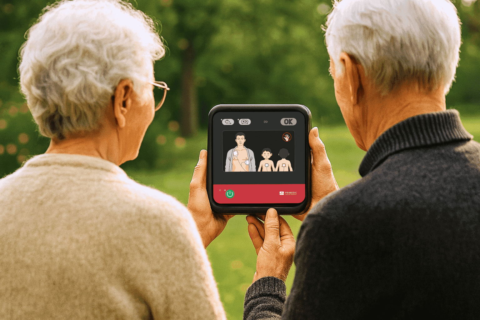 Äldre par håller hjärtstartare Heartsave myPAD